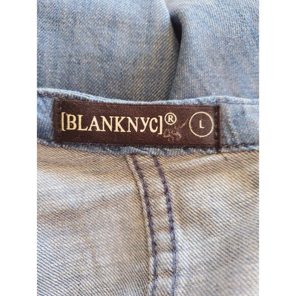 BLANKNYC Asymmetric Raw Frayed Edge Ruffle Denim Cold Shoulder Dress L - Picture 7 of 9